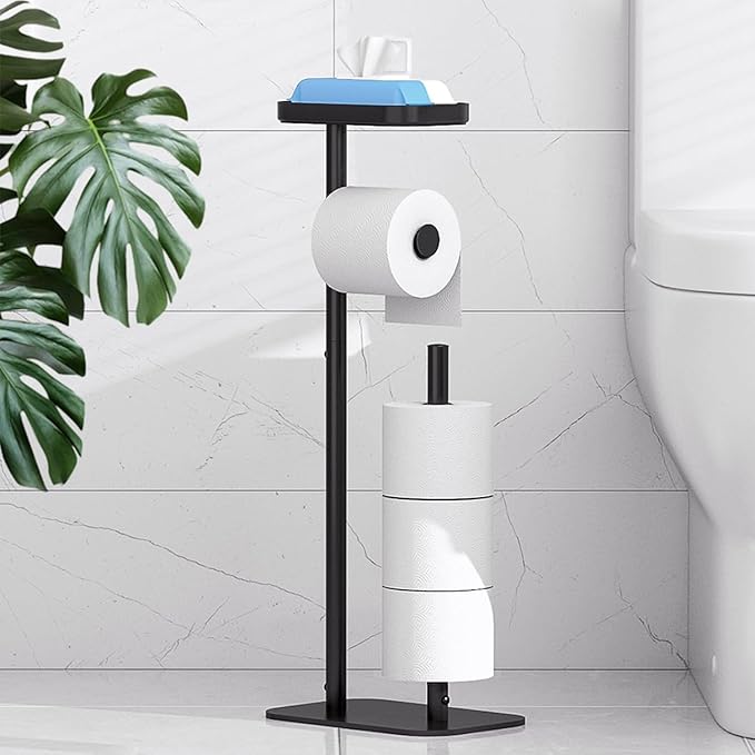Kitsure Free Standing Toilet Paper Holder with Shelf – Black Metal Toilet Paper Stand for 4 Rolls, Rustproof Bathroom Tissue Storage Organizer with Anti-Slip Base & Phone Shelf