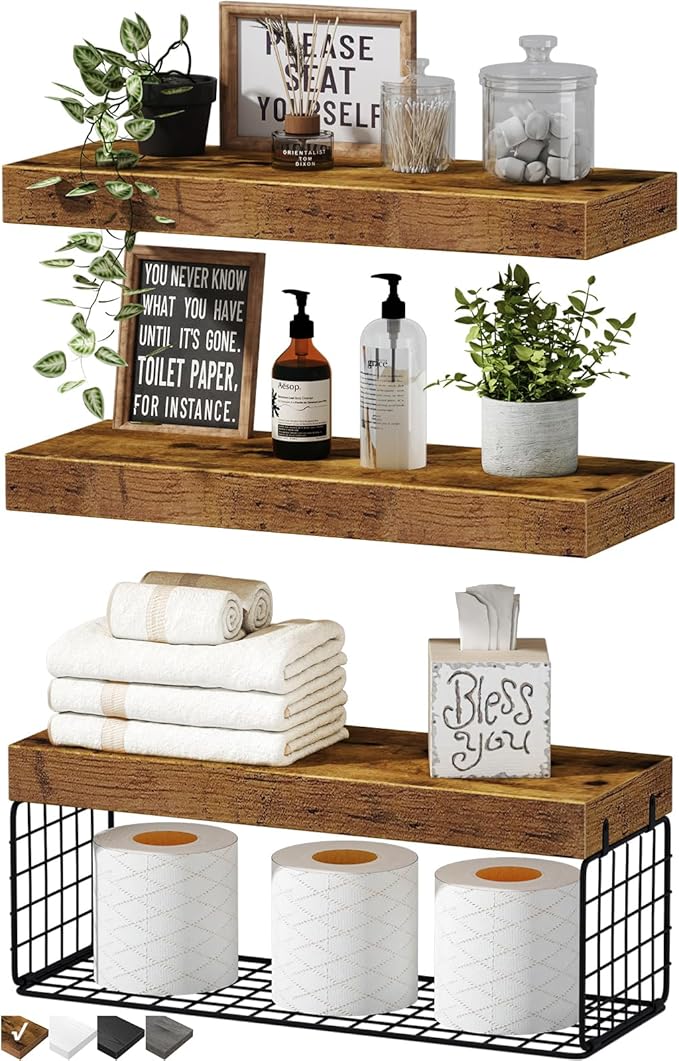 QEEIG Bathroom Shelves Over Toilet – Set of 3 Wall-Mounted Rustic Brown Floating Shelves with Deep Storage & Metal Basket – 16" Small Farmhouse Decor, Toilet Paper Organizer (Model 019-BN3)