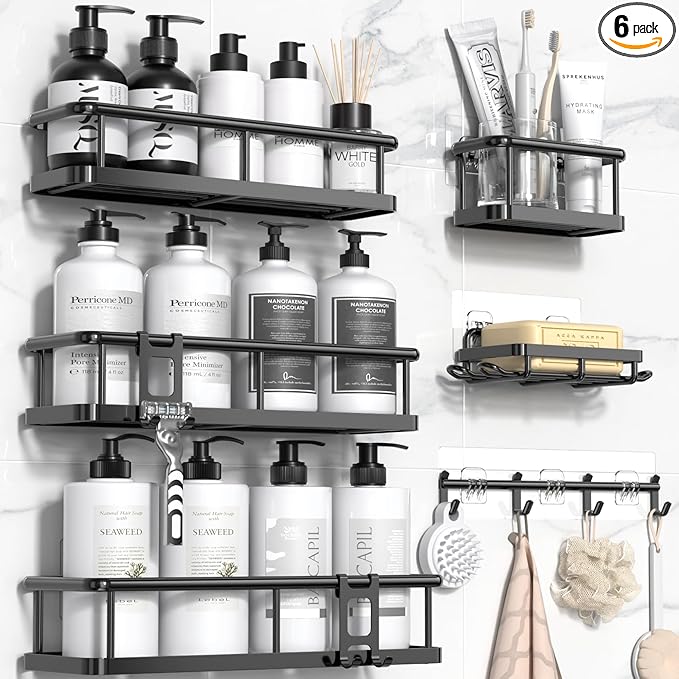 YASONIC 6-Pack Shower Caddy Organizer Set – Rustproof Large Capacity Shower Shelf with Soap Holder, Toothbrush Rack, Hooks & Adhesive Pads – No Drilling Bathroom Storage for Inside Shower