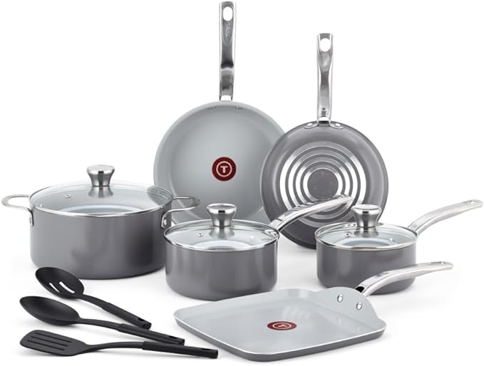 T-fal Stainless Steel Cookware Set 11 Piece, Induction, Oven Broiler Safe 500F, Kitchen Cooking Set w/ Fry Pans, Saucepans, Saute Pan, Dutch Oven, Steamer, Pots and Pans, Dishwasher Safe, Silver