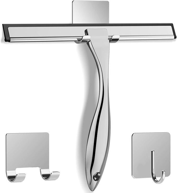 All-Purpose Stainless Steel Shower Squeegee with 2 Adhesive Hooks – 10 Inch Bathroom Squeegee for Shower Glass Door, Mirror, Window, Tile, and Car – Streak-Free Bathroom Cleaning Tool