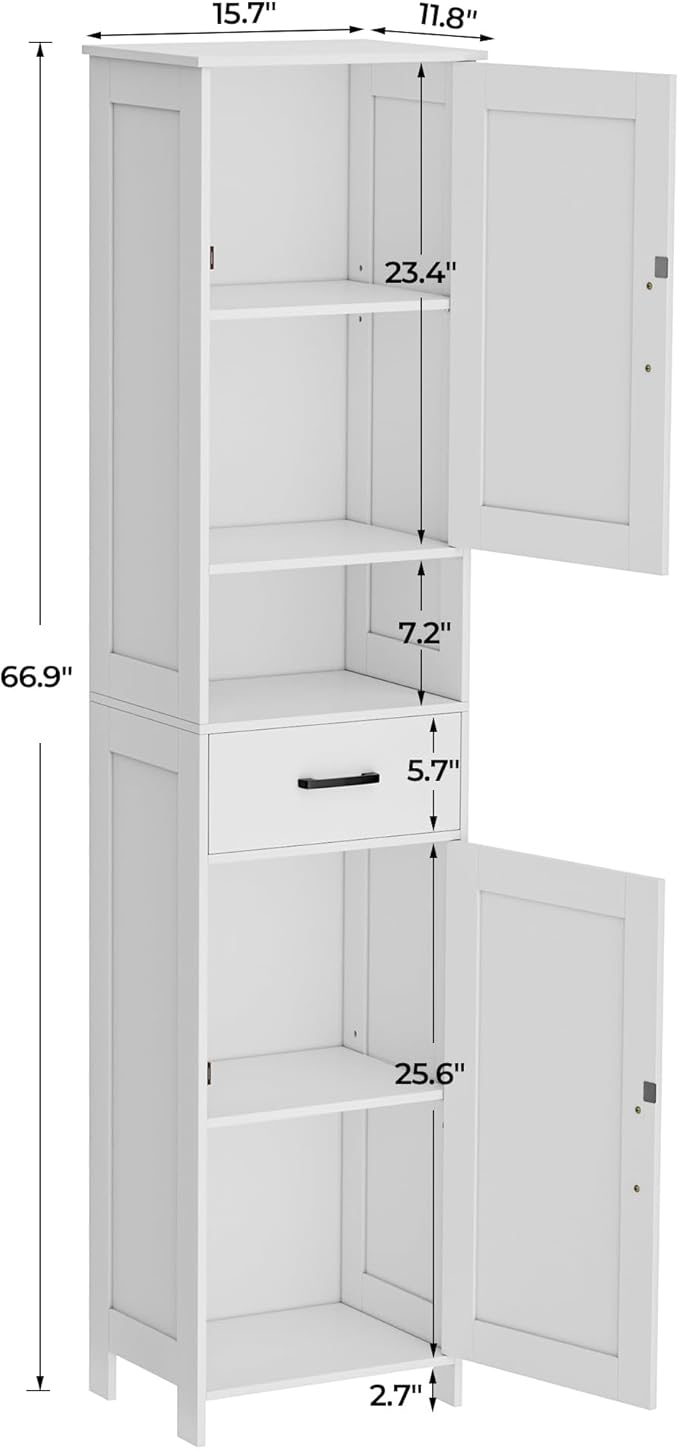 Homhedy 67" Tall Bathroom Storage Cabinet with Barn Doors and Drawer – Narrow White Floor Cabinet with Adjustable Shelves, Reversible Doors – Slim Storage Unit for Bathroom, Kitchen, Entryway (15.7" Wide)