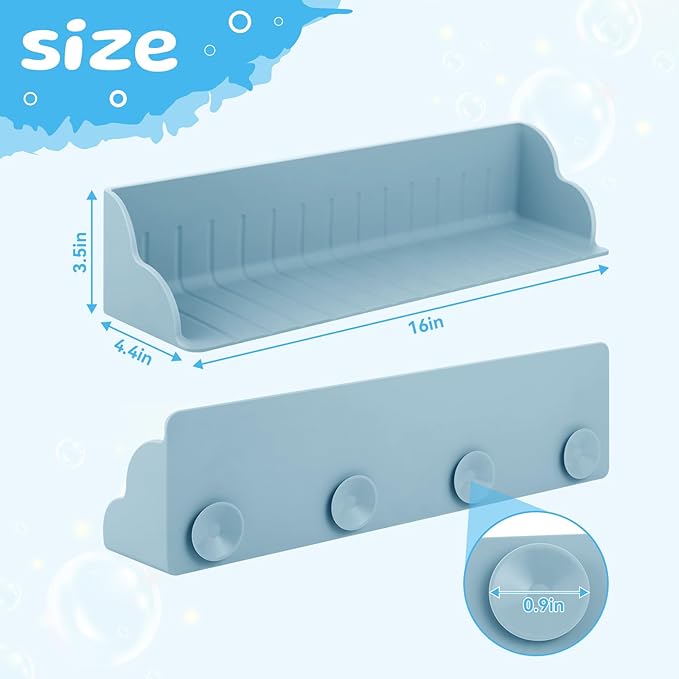 2-Pack Bath Tub Toy Storage & Silicone Splash Guard for Kids – Bathtub Side Toy Tray with 4 Suction Cups, Petal-Shaped Shower Water Barrier, Foldable Food-Grade Silicone, Blue