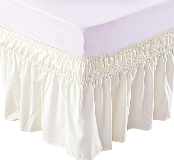 Premium Elastic Ruffled Bed Skirt – 153x203x38 cm, High-Quality Polyester, Durable & Breathable Wrap Around Bed Base Cover, Easy Fit, Off-White