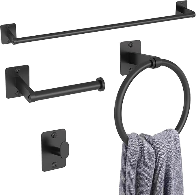 KLJKPA 4-Piece Matte Black Bathroom Accessories Set – Wall Mounted Bathroom Hardware Set with 24-Inch Towel Bar, Toilet Paper Holder, Robe Hook & Towel Ring – Rustproof Metal Construction