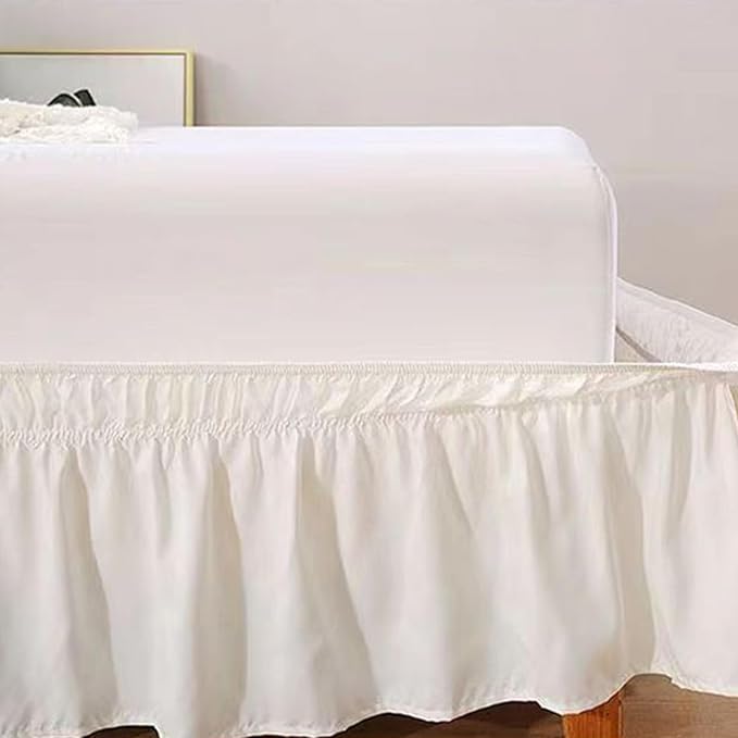 Premium Elastic Ruffled Bed Skirt – 153x203x38 cm, High-Quality Polyester, Durable & Breathable Wrap Around Bed Base Cover, Easy Fit, Off-White