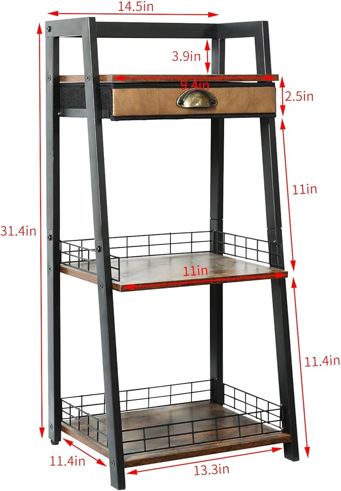 Keomaisyto 3-Tier Bathroom Storage Shelf with Drawer – Freestanding Organizer Rack with Open Shelving, Steel Frame & MDF Board – Floor Stand for Bathroom, Living Room, Laundry Room – Rustic Brown