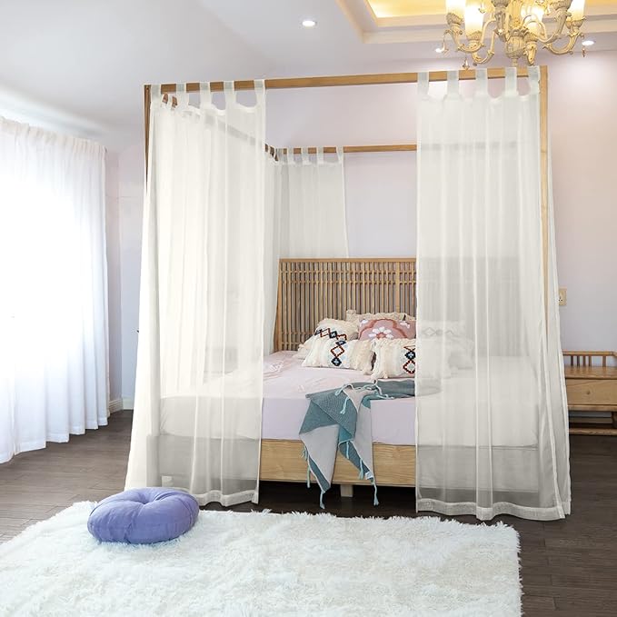 Linentalks Sheer Canopy Bed Curtains – 4 Corner Drapes for King, Queen, Full & Twin Beds, Lightweight Four Poster Bed Canopy Panels, Elegant Ivory Canopy Curtains for Bedroom Décor