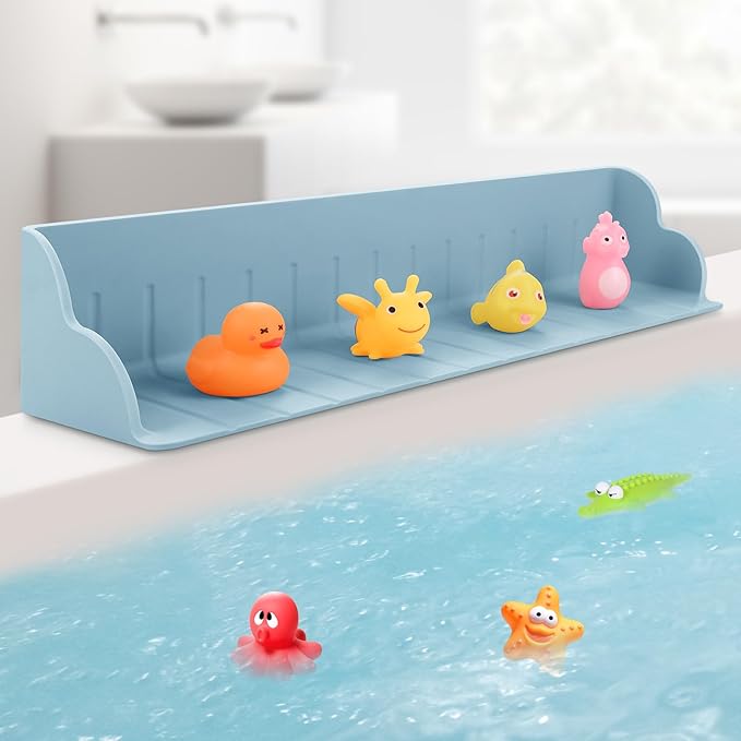2-Pack Bath Tub Toy Storage & Silicone Splash Guard for Kids – Bathtub Side Toy Tray with 4 Suction Cups, Petal-Shaped Shower Water Barrier, Foldable Food-Grade Silicone, Blue
