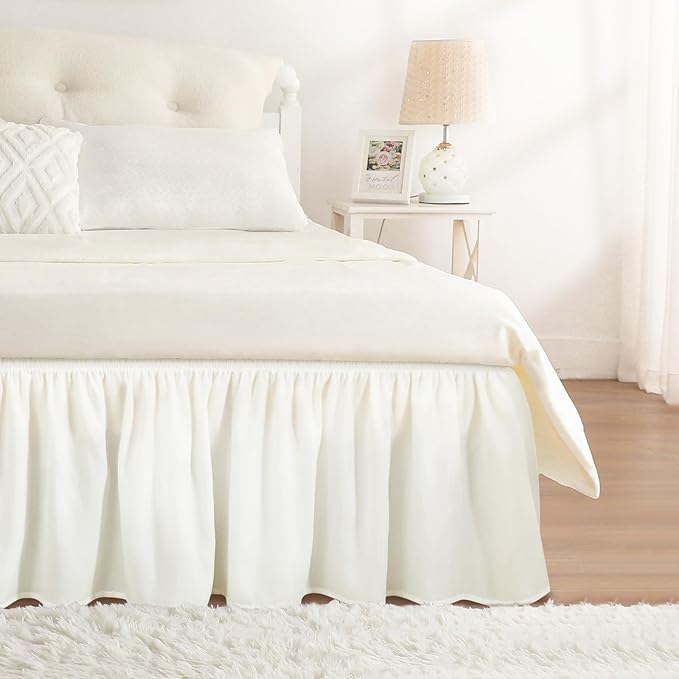 RIMELA Ruffled Bed Skirt – Elastic Easy-Fit Bed Wrap, Warm White 90x190x45 cm, Soft Brushed Polyester, No-Lift Installation, Classic Decorative Dust Ruffle for Single Beds