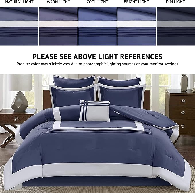 Comfort Spaces Malcom 7-Piece Queen Duvet Cover Set – Hotel-Style Down Alternative Bedding, Soft Microfiber, Wrinkle-Resistant, Navy & Deluxe Gray – Includes Comforter, Pillowcases, Bed Skirt & Decor Pillow