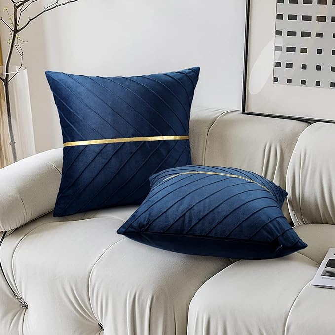 Velvet Cushion Covers 45 x 45 cm – Set of 2 Decorative Throw Pillow Covers with Gold Stripe, Soft Modern Velvet Pillowcases with Hidden Zipper for Sofa, Living Room, Bedroom, Navy & Teal (No Inserts)