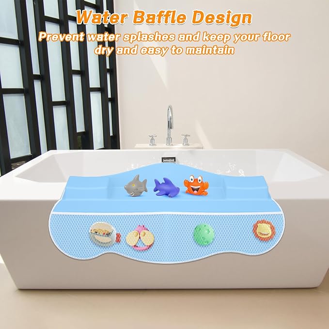 Dollox Baby Bath Silicone Elbow Rest Pad – Cooling Elbow Cushion with Water Baffle, 8 Suction Cups, Bath Toy Organizer & Storage Pockets for Bathtub Comfort
