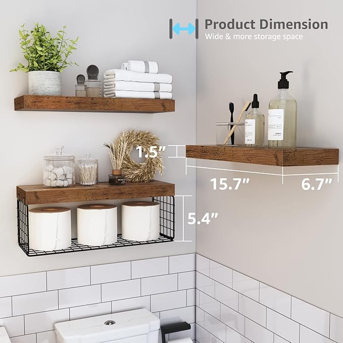 QEEIG Bathroom Shelves Over Toilet – Set of 3 Wall-Mounted Rustic Brown Floating Shelves with Deep Storage & Metal Basket – 16" Small Farmhouse Decor, Toilet Paper Organizer (Model 019-BN3)