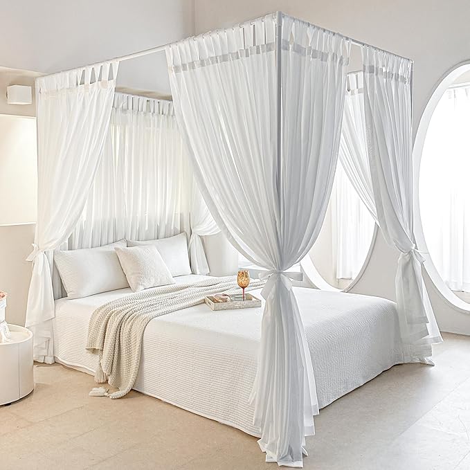 AIKASY Canopy Bed Curtains with Self-Adhesive Top – White Gauze Princess Canopy for Full/Queen Beds, Elegant Sheer Voile Drapes for Romantic Bedroom Decor (8 Panels, White)