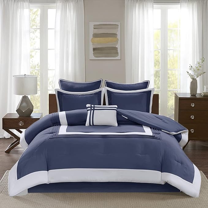 Comfort Spaces Malcom 7-Piece Queen Duvet Cover Set – Hotel-Style Down Alternative Bedding, Soft Microfiber, Wrinkle-Resistant, Navy & Deluxe Gray – Includes Comforter, Pillowcases, Bed Skirt & Decor Pillow