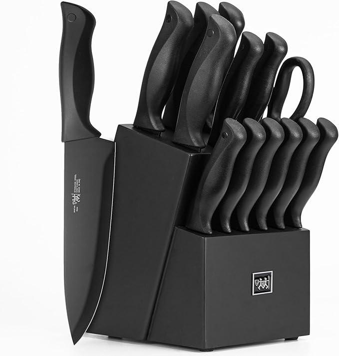 HUNTER.DUAL 15-Piece Kitchen Knife Set with Block & Built-in Sharpener – Self-Sharpening, Dishwasher Safe, Anti-Slip Handles – Stainless Steel Blades, Black