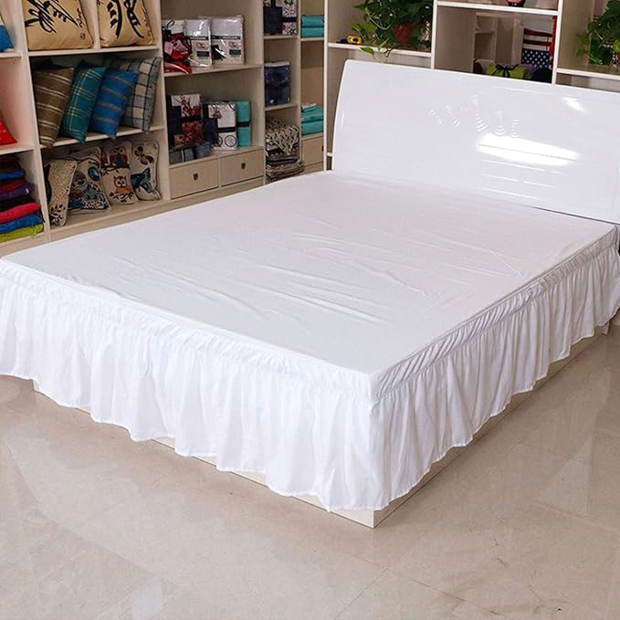 Ruffled Bed Skirt – White Wrap Around Elastic Bed Skirt Cover, Easy-Fit Design, Double Size 150x200x40 cm – Dust-Proof, No-Lift Installation, Decorative & Durable