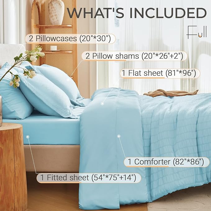 MUXHOMO 7-Piece Full Comforter Set – Seersucker Bed in a Bag, Lake Blue, All Season Soft Microfiber Bedding with Sheets, Pillowcases & Shams