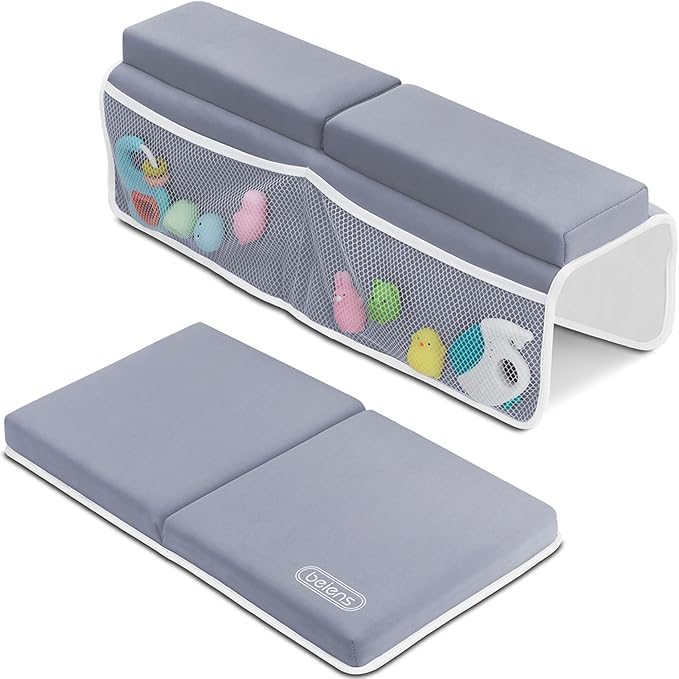 beiens Bath Kneeler and Elbow Rest Pad Set – 1.5” Thick Baby Bath Kneeling Pad with Elbow Support, Quick-Dry Non-Slip Mat with Toy Organizer – Comfortable Bathtub Cushion for Parents and Babies
