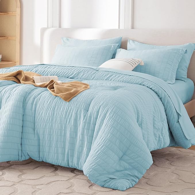 MUXHOMO 7-Piece Full Comforter Set – Seersucker Bed in a Bag, Lake Blue, All Season Soft Microfiber Bedding with Sheets, Pillowcases & Shams