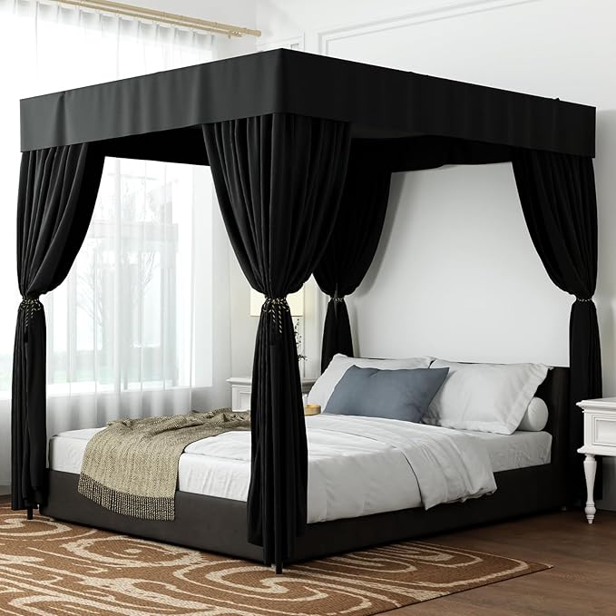 Hvqic Black Canopy Bed Curtains – 4 Corner Light-Blocking Drapes for Queen Size Bed, Breathable Microfiber Bedroom Canopy Drapes with Hooks & Ropes (Queen, Black)