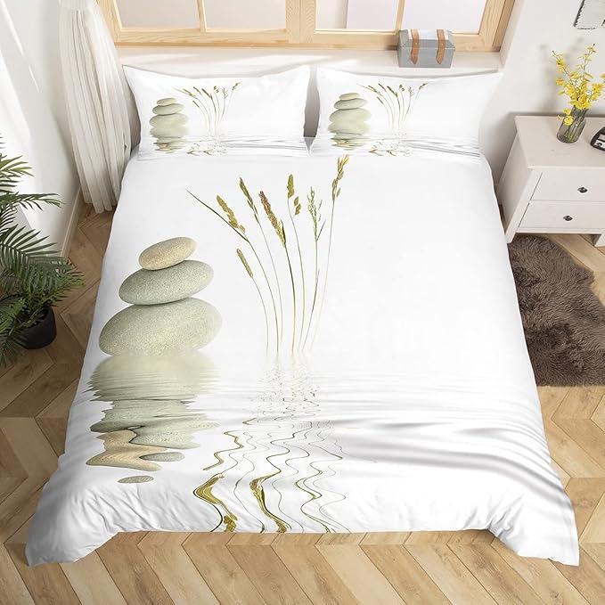 Homemissing Zen Bedding Set 220x240 cm – 3-Piece Duvet Cover with Pillowcases, Meditation Zen Stones Print, Soft Microfiber Nature Artwork Bedding, Tranquil Room Decor