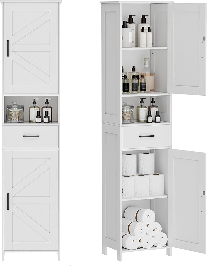 Homhedy 67" Tall Bathroom Storage Cabinet with Barn Doors and Drawer – Narrow White Floor Cabinet with Adjustable Shelves, Reversible Doors – Slim Storage Unit for Bathroom, Kitchen, Entryway (15.7" Wide)