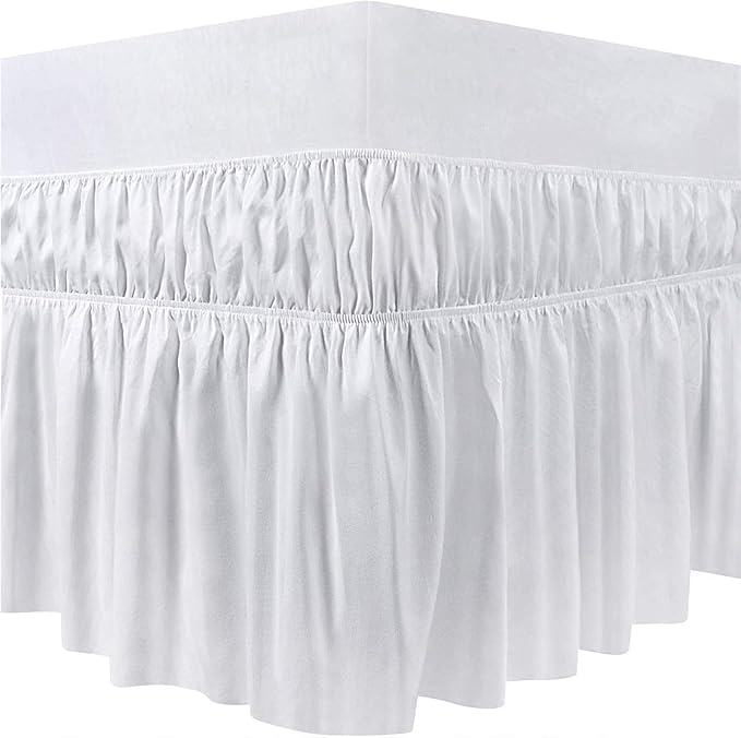 Ruffled Bed Skirt – White Wrap Around Elastic Bed Skirt Cover, Easy-Fit Design, Double Size 150x200x40 cm – Dust-Proof, No-Lift Installation, Decorative & Durable