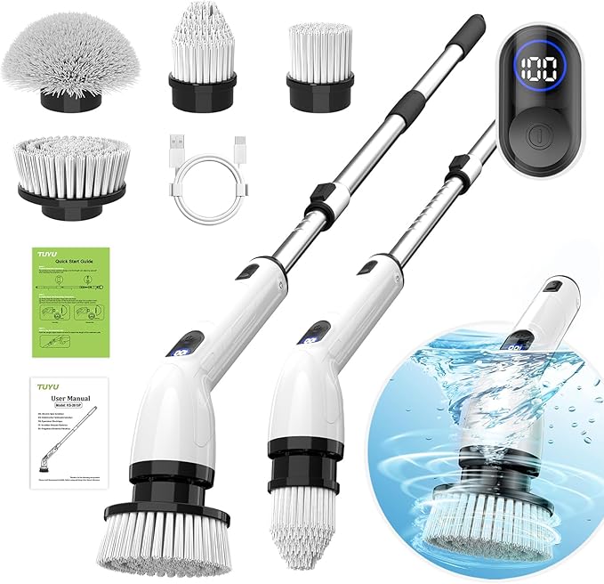 TUYU Electric Spin Scrubber – IPX7 Waterproof Cordless Bathroom Scrubber with LCD Display, 2 Speed Modes, 4 Replaceable Brush Heads & Adjustable Handle – Rechargeable Shower & Floor Cleaning Brush