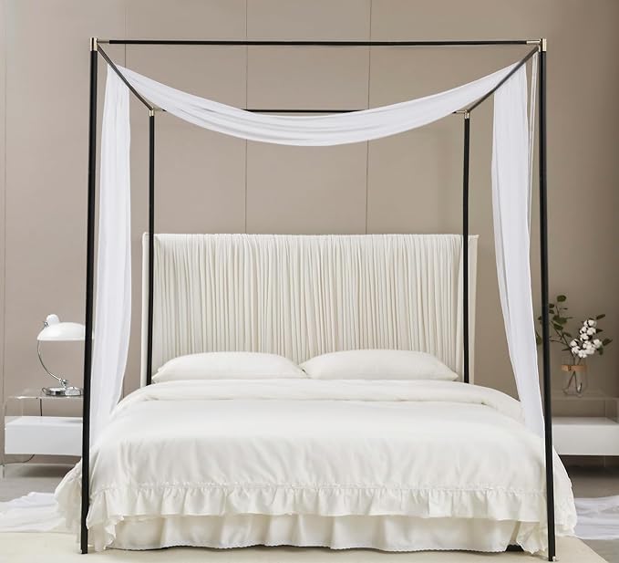 Akiky Canopy Bed Curtains with Lights – 2 Sheer Panels with Round LED String Lights, Bed Scarf for Full/Queen Size Metal or Wood Canopy Frame, Princess Style Bed Drapes (White)