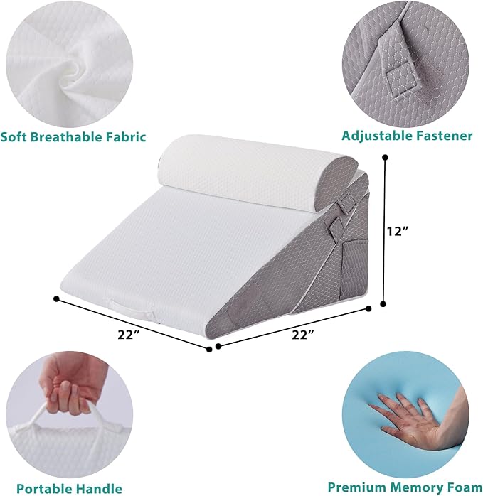3PCS Orthopedic Wedge Pillow Set for Sleeping & Post-Surgery – Adjustable 10-in-1 Bed Wedge Pillows for Back Pain, Acid Reflux, Snoring, and Leg Elevation – Memory Foam, Machine-Washable, White/Grey