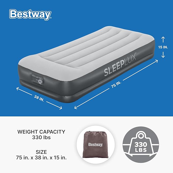 SLEEPLUX Twin Air Mattress with Built-in Pump, Integrated Pillow & USB Charger – Durable 3-Layer Inflatable Airbed with Storage Bag & Repair Patch