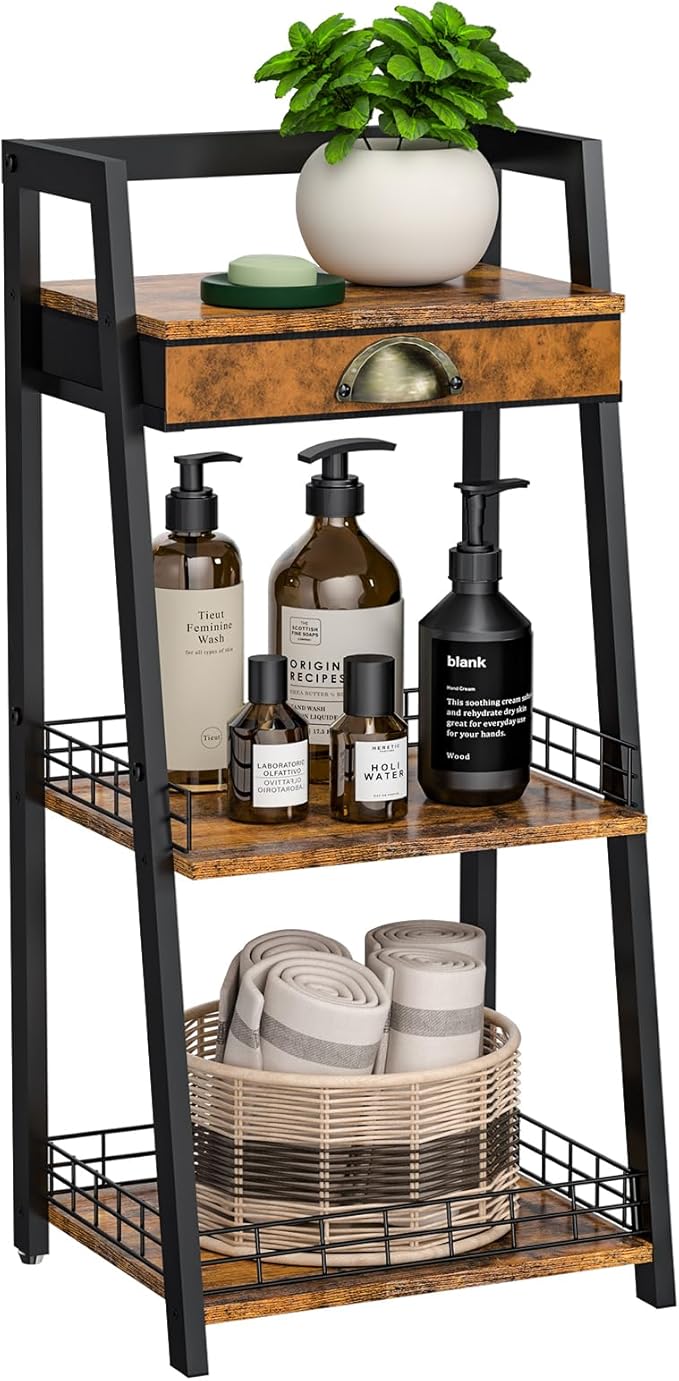 Keomaisyto 3-Tier Bathroom Storage Shelf with Drawer – Freestanding Organizer Rack with Open Shelving, Steel Frame & MDF Board – Floor Stand for Bathroom, Living Room, Laundry Room – Rustic Brown