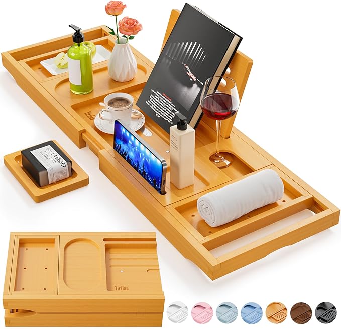 Premium Expandable Bamboo Bathtub Tray Caddy – Luxury Bath Tray with Book, Wine & Tablet Holder – Fits All Tubs – Perfect Housewarming, Wedding, Anniversary & Bridal Shower Gift for Couples & Women
