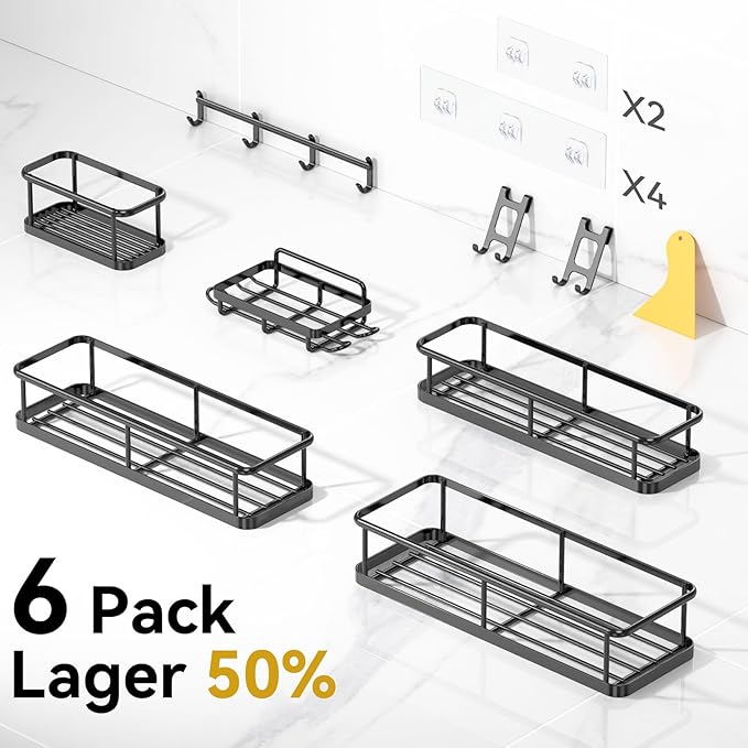 YASONIC 6-Pack Shower Caddy Organizer Set – Rustproof Large Capacity Shower Shelf with Soap Holder, Toothbrush Rack, Hooks & Adhesive Pads – No Drilling Bathroom Storage for Inside Shower
