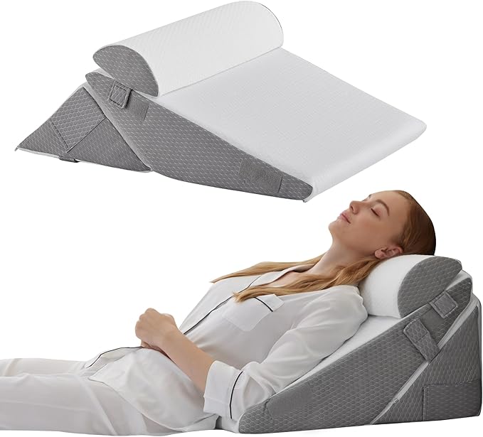 3PCS Orthopedic Wedge Pillow Set for Sleeping & Post-Surgery – Adjustable 10-in-1 Bed Wedge Pillows for Back Pain, Acid Reflux, Snoring, and Leg Elevation – Memory Foam, Machine-Washable, White/Grey