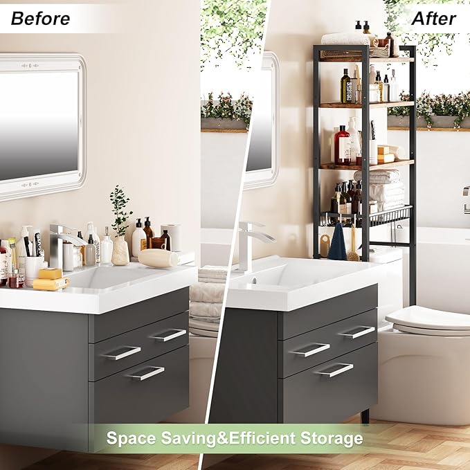 Over-The-Toilet Storage Rack – 4-Tier Freestanding Bathroom Organizer with Adjustable Shelf and Basket, Vintage Brown Space Saver Shelf for Bathroom, Laundry Room, Dorm & More