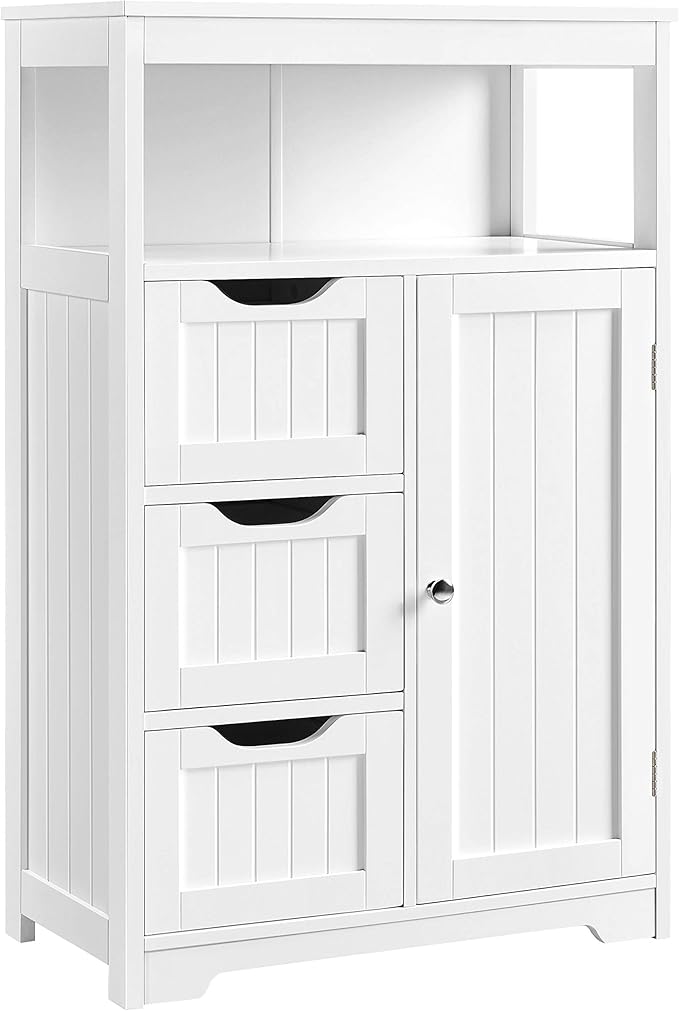 Yaheetech Bathroom Floor Cabinet – Wooden Storage Organizer with Door and 3 Drawers, Adjustable Shelf, Free-Standing Cupboard for Bathroom, Kitchen, or Living Room Use, White