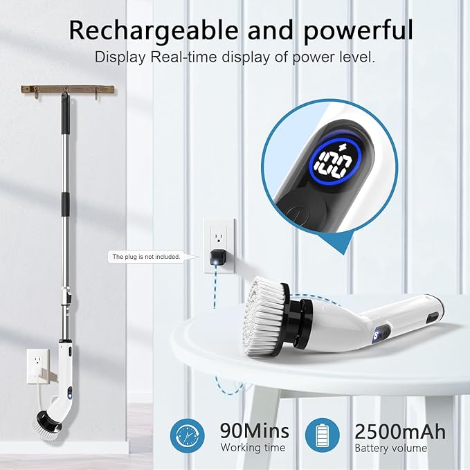 TUYU Electric Spin Scrubber – IPX7 Waterproof Cordless Bathroom Scrubber with LCD Display, 2 Speed Modes, 4 Replaceable Brush Heads & Adjustable Handle – Rechargeable Shower & Floor Cleaning Brush