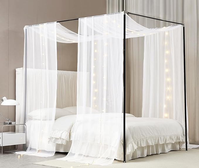 Akiky Canopy Bed Curtains with Lights – 2 Sheer Panels with Round LED String Lights, Bed Scarf for Full/Queen Size Metal or Wood Canopy Frame, Princess Style Bed Drapes (White)