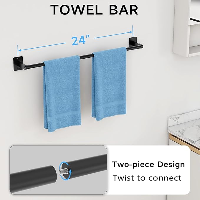 KLJKPA 4-Piece Matte Black Bathroom Accessories Set – Wall Mounted Bathroom Hardware Set with 24-Inch Towel Bar, Toilet Paper Holder, Robe Hook & Towel Ring – Rustproof Metal Construction
