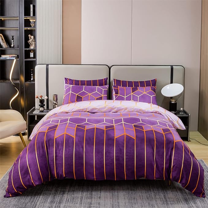 Shamdon Home Collection Duvet Cover Set – 200x200 cm Fluffy Microfiber Bedding with Zipper, Reversible Geometric Pattern – 3-Piece Set with 2 Pillowcases 80x80 cm, Purple