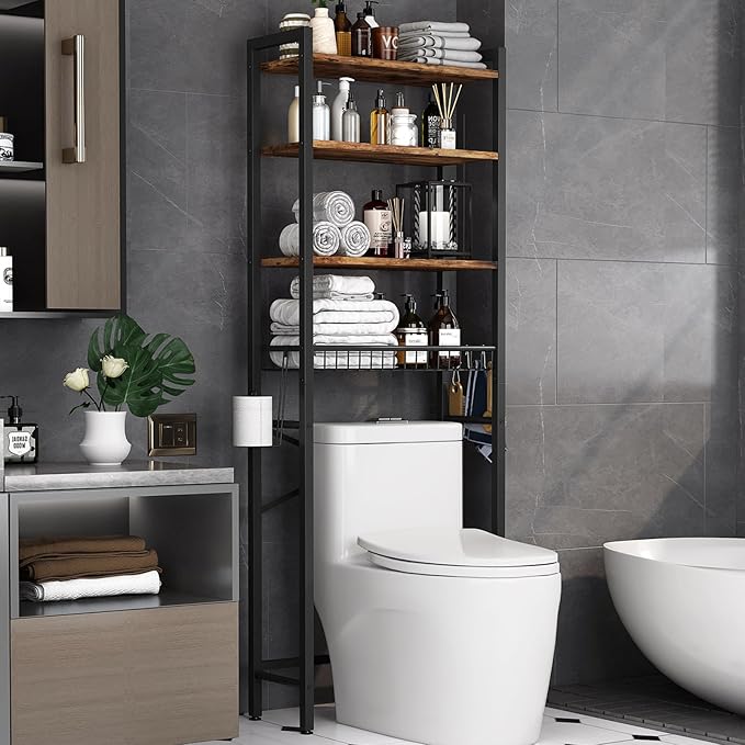 Over-The-Toilet Storage Rack – 4-Tier Freestanding Bathroom Organizer with Adjustable Shelf and Basket, Vintage Brown Space Saver Shelf for Bathroom, Laundry Room, Dorm & More