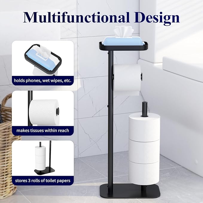Kitsure Free Standing Toilet Paper Holder with Shelf – Black Metal Toilet Paper Stand for 4 Rolls, Rustproof Bathroom Tissue Storage Organizer with Anti-Slip Base & Phone Shelf