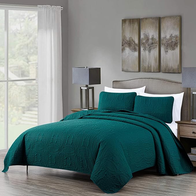 Chezmoi Collection Austin 3-Piece Oversized King Bedspread Set – 300x269 cm Lightweight Quilt with 2 Pillow Shams, Soft Microfiber Waffle Medallion Pattern, Teal – Oeko-Tex Certified