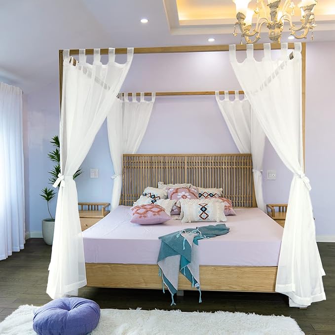 Linentalks Sheer Canopy Bed Curtains – 4 Corner Drapes for King, Queen, Full & Twin Beds, Lightweight Four Poster Bed Canopy Panels, Elegant Ivory Canopy Curtains for Bedroom Décor