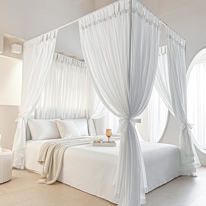 AIKASY Canopy Bed Curtains with Self-Adhesive Top – White Gauze Princess Canopy for Full/Queen Beds, Elegant Sheer Voile Drapes for Romantic Bedroom Decor (8 Panels, White)