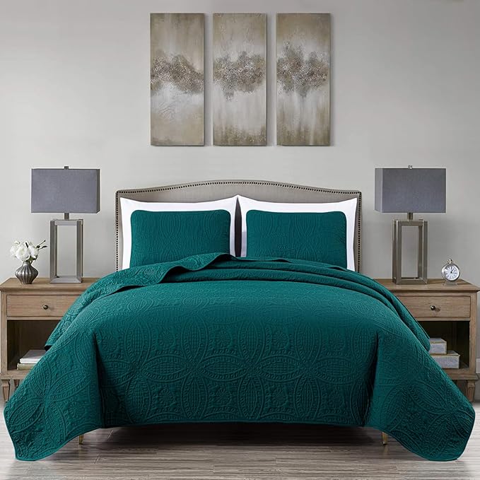 Chezmoi Collection Austin 3-Piece Oversized King Bedspread Set – 300x269 cm Lightweight Quilt with 2 Pillow Shams, Soft Microfiber Waffle Medallion Pattern, Teal – Oeko-Tex Certified