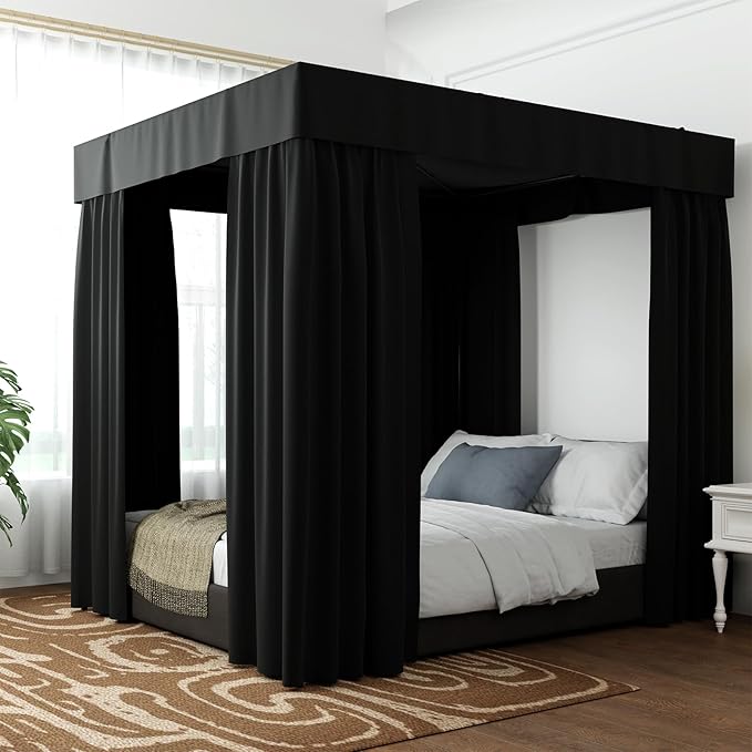 Hvqic Black Canopy Bed Curtains – 4 Corner Light-Blocking Drapes for Queen Size Bed, Breathable Microfiber Bedroom Canopy Drapes with Hooks & Ropes (Queen, Black)